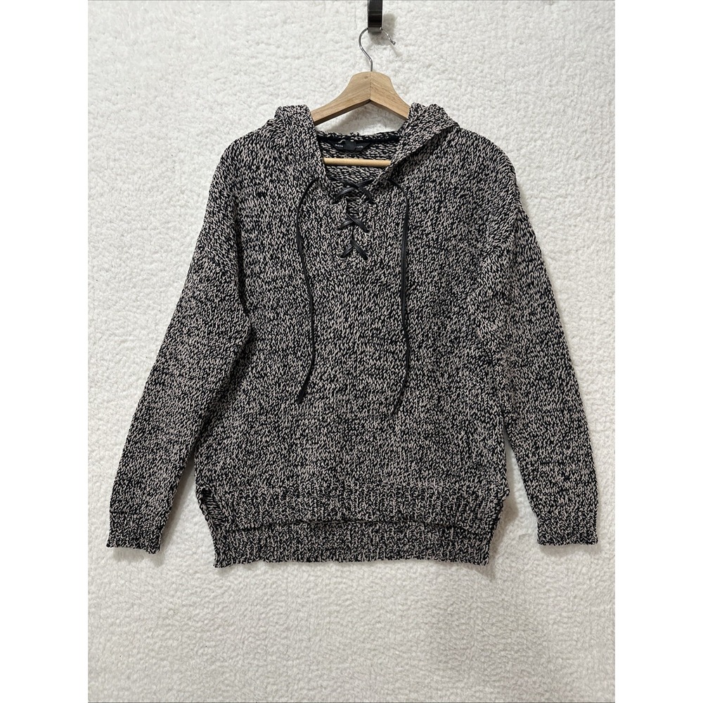 Rock & Republic Pull Over Hoodie knit sweater Black Gray Cozycore Cabincore Sz M